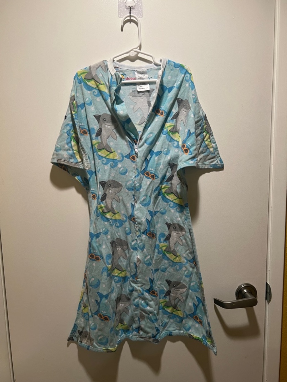 Baby Shark-Print Hooded Zip Romper - Light Blue